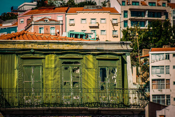 View of the facade of a building in the downtown of Lisbon in Portugal
