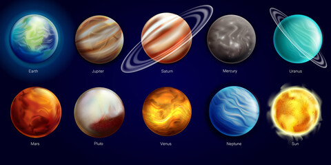Galaxy planets realistic style icons set