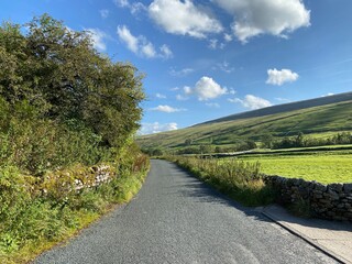Country road, near Halton Gill, with dry stone walls, trees, fields and meadows 
