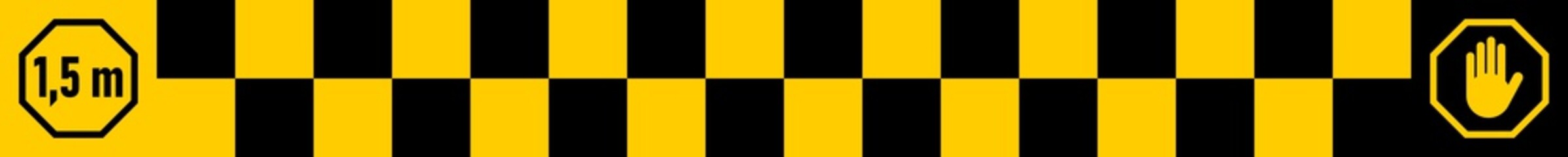 Fototapeta premium Checkered Social Distancing Floor Marking Tape Keep Your Distance 1,5 m or 1,5 Metres Sticker Icon with an Aspect Ratio of 10:1. Vector Image.