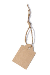 Blank tag tied with brown string. Price tag, gift tag, sale tag, address label, etc. can be used to write prices, discounts, composition, mock-up