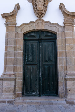 Vila Nova de Cerveira / Portugal - August 1, 2020: The main portal of Igreja de S&atilde;o Cipriano (Church of St. Ciprian), also known as Igreja Matriz (Mother Church) or Igreja Paroquial (Parish Church).