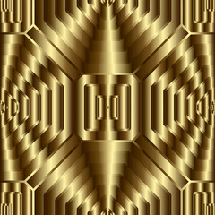 Gold textured 3d geometric seamless pattern. Ornamental ornate golden background. Surface repeat vector backdrop. Modern grunge geometrical Deco ornament with effects. Luxury design. Endless texture