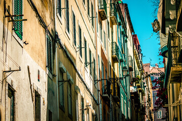 View of the facade of a building in the downtown of Lisbon in Portugal
