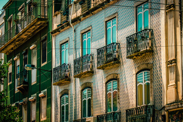 View of the facade of a building in the downtown of Lisbon in Portugal
