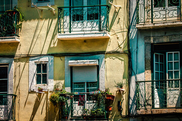 View of the facade of a building in the downtown of Lisbon in Portugal
