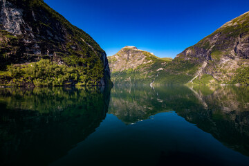 Fototapeta premium Panoramic and drone landscape of Geiranger fjords, Geirangerfjord, Norway