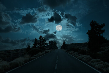 A straight country road in the more than 2000 meter high caldera of Tenerife at night. The full moon is in the sky and illuminates the road that leads through a rock cut.