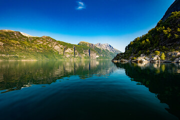 Fototapeta premium Panoramic and drone landscape of Geiranger fjords, Geirangerfjord, Norway