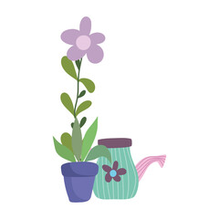 gardening, watering can and flower in pot decoration nature isolated icon style