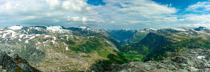 Naklejka na ściany i meble Panoramic view of Geirangerfjord and mountains, Dalsnibba viewpoint, Norway