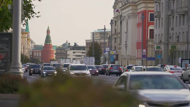heavy traffic in the Moscow on Tverskaya Street
