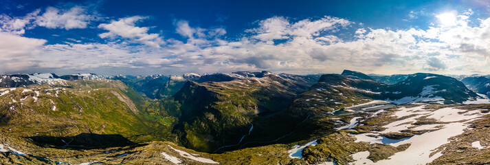 Panoramic view of Geirangerfjord and mountains, Dalsnibba viewpoint, Norway