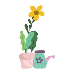 gardening, potted flower and watering can nature isolated icon style