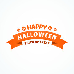 Happy Halloween Trick or Treat design concept, ribbon, social media post, graphic, sign, sticker with white text on an orange ribbon isolated on a white background. 