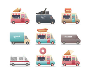 Food and city service truck set. Flat vector illustration. Delivery, ambulance, street food transport. Isolated on white background.