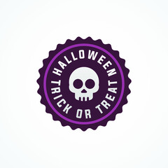 Halloween trick or treat badge, sign, sale banner, design concept, sticker with white text, and a skull icon isolated on a light background. 