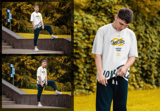 3 Oversized T-Shirt Mockups with Model Outdoors in Autumn