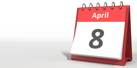 April 8 date on the flip calendar page, 3d rendering