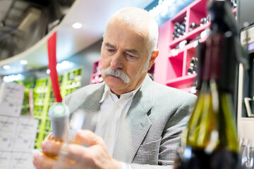 senior man looking at bottle of wine