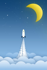 Rocket flying to the stars with yellow moon
