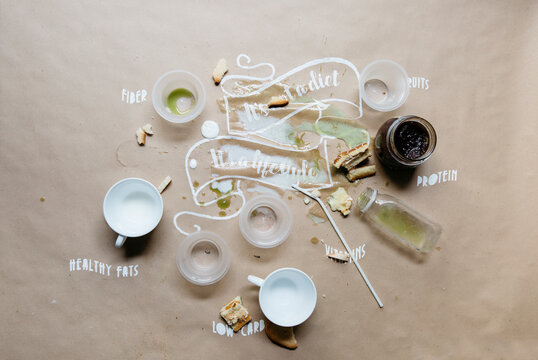 Messy table, failed attempt to eat healthy with copy space