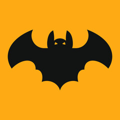 Black vector silhouette symbol of a bat isolated on orange background. Halloween illustration. Spooky animals.