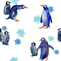 Watercolor seamless pattern with penguins in snow. Winter animals with snowflakes. Cold colors. Design for New Year's decor, covers, packaging.