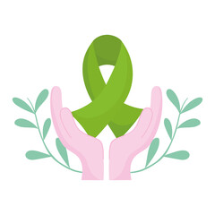 world mental health day, hands green ribbon brain emblem