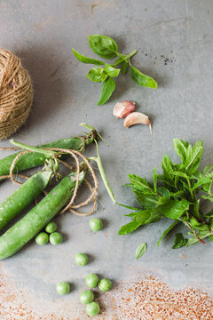 Fresh ingredients - herbs, and vegetables and garlic.