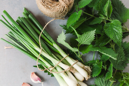 Fresh ingredients for a nettle and pea soup