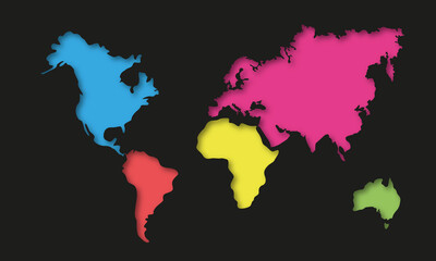 Papercut style world map. Planet Earth. Stylized colored continents on a black background