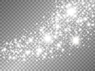 Glitter wave with silver light effect. Sparkling trail with white stars and stardust. Glowing comet with silver particles. luxury composition. Starry backdrop. Vector illustration