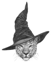 Portrait of Leopard with a witch hat. Halloween illustration © Victoria Novak