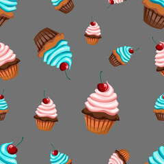 Seamless pattern with various cupcakes on a grey background. Sweet pastries are decorated with cherries.