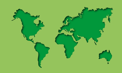 Papercut style world map. Planet Earth. Stylized dark greencontinents on a light green background