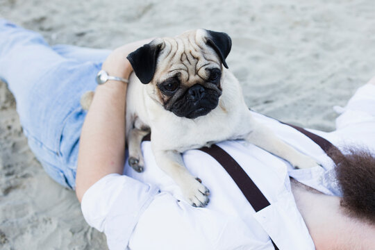 Young woman and a pug dog