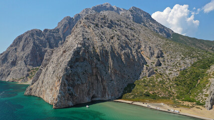 Aerial drone photo of beautiful beach and bay of Limnopoula near seaside village of Kato Vasiliki, Aitoloakarnania prefecture, Greece