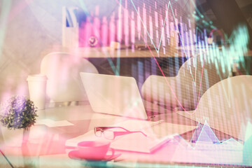 Double exposure of stock market graph drawing and office interior background. Concept of financial analysis.