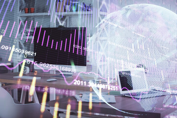 Double exposure of financial graph drawing and office interior background. Concept of stock market.