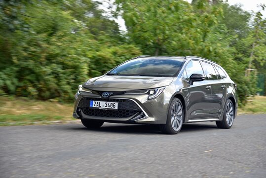 Toyota Corolla hybrid. Car while driving. 07-03-2019, Prague, Czech Republic.