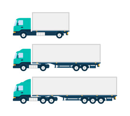 Different Sizes of Trucks. Set of Cargo or Delivery Services Trucks.