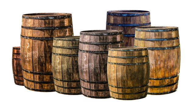 brown oak barrels of different volumes large and small stands on an isolated background