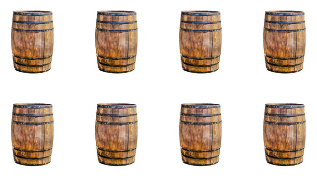 row of brown barrels for aging wine and rum dark brown on a light background