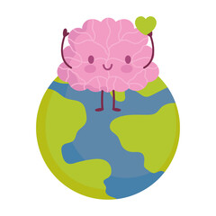 world mental health day, cartoon brain planet isolated design