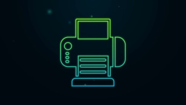 Glowing neon line Printer icon isolated on black background. 4K Video motion graphic animation
