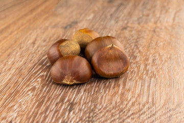 brown chestnut closeup on a dark background, edible snack