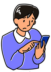 困った表情でスマホを見る若い男性