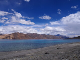 Beautiful colored Pangong tso (Lake) and Mountains, Leh, Ladakh, Jammu and Kashmir, India