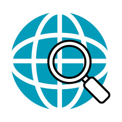 global sphere with magnifying glass icon, half line half color style